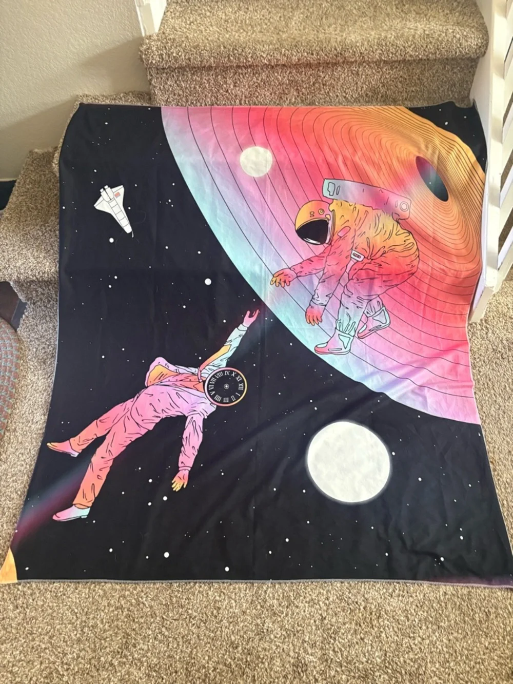 Surrealism Astronaut Space Tapestry Blanket - Black with Rainbow Record Gradient